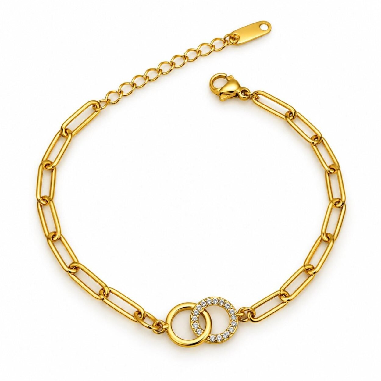 Gold chain bracelet with interlocking circle charms and crystal accents on white background.