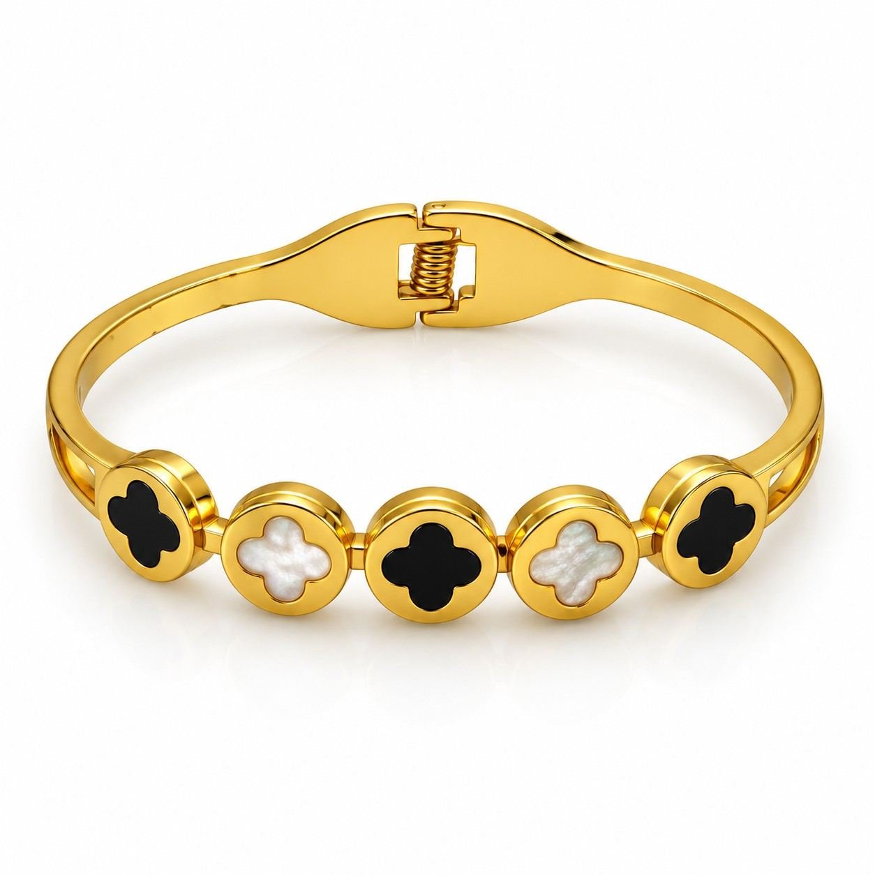 Luxury gold bangle featuring black and pearl clover motifs for women.