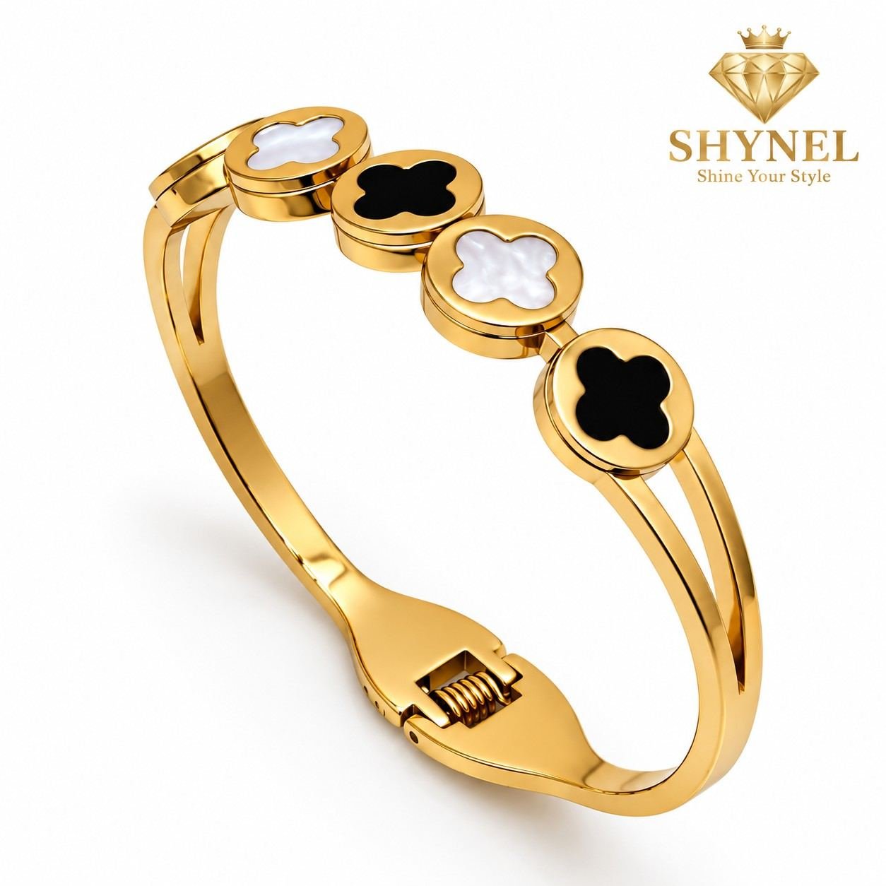 Luxury gold bangle featuring black and pearl clover motifs for women.