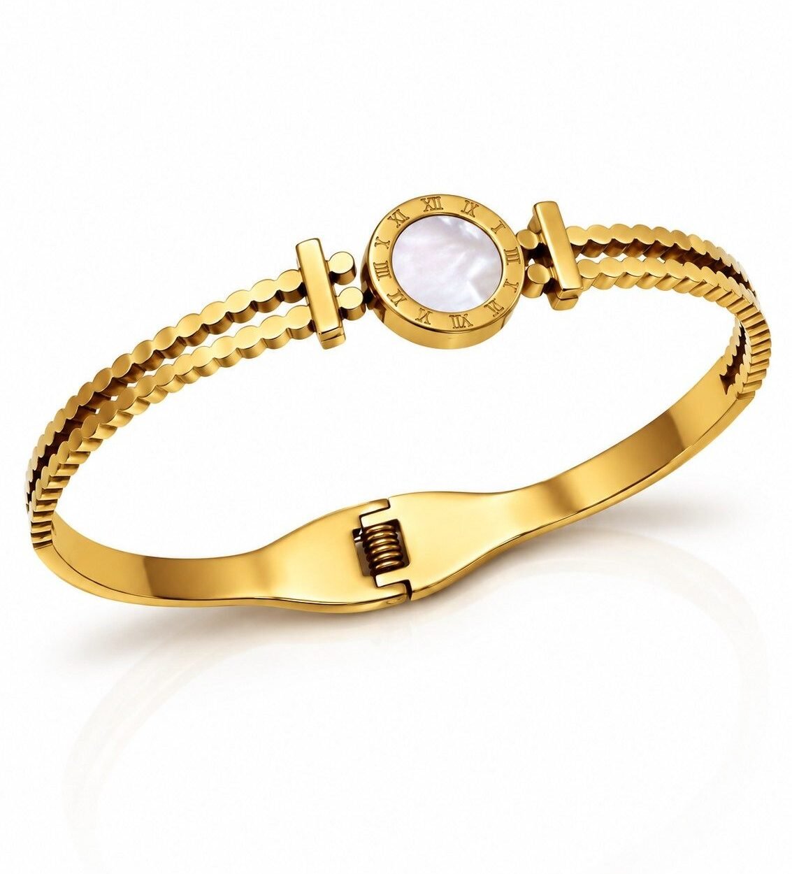 Elegant Roman Numeral cuff Bangle-100kb Elegant Roman numeral bangle with mother-of-pearl center detail.