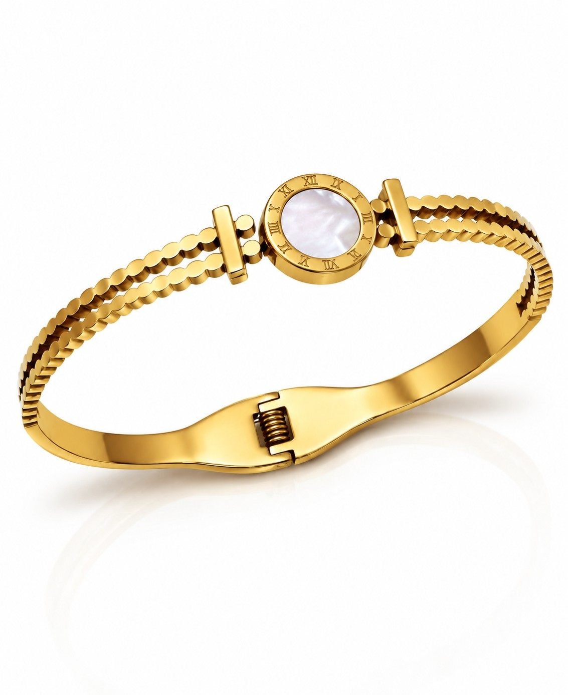 Elegant Roman numeral bangle with mother-of-pearl center detail.