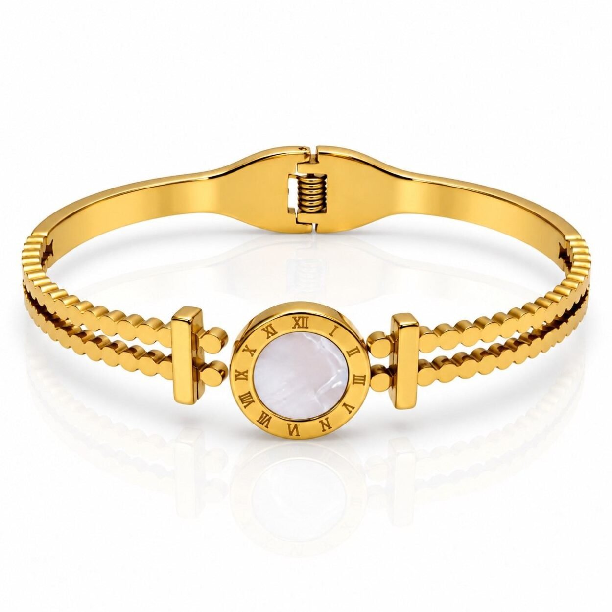 Elegant Roman numeral bangle with mother-of-pearl center detail.