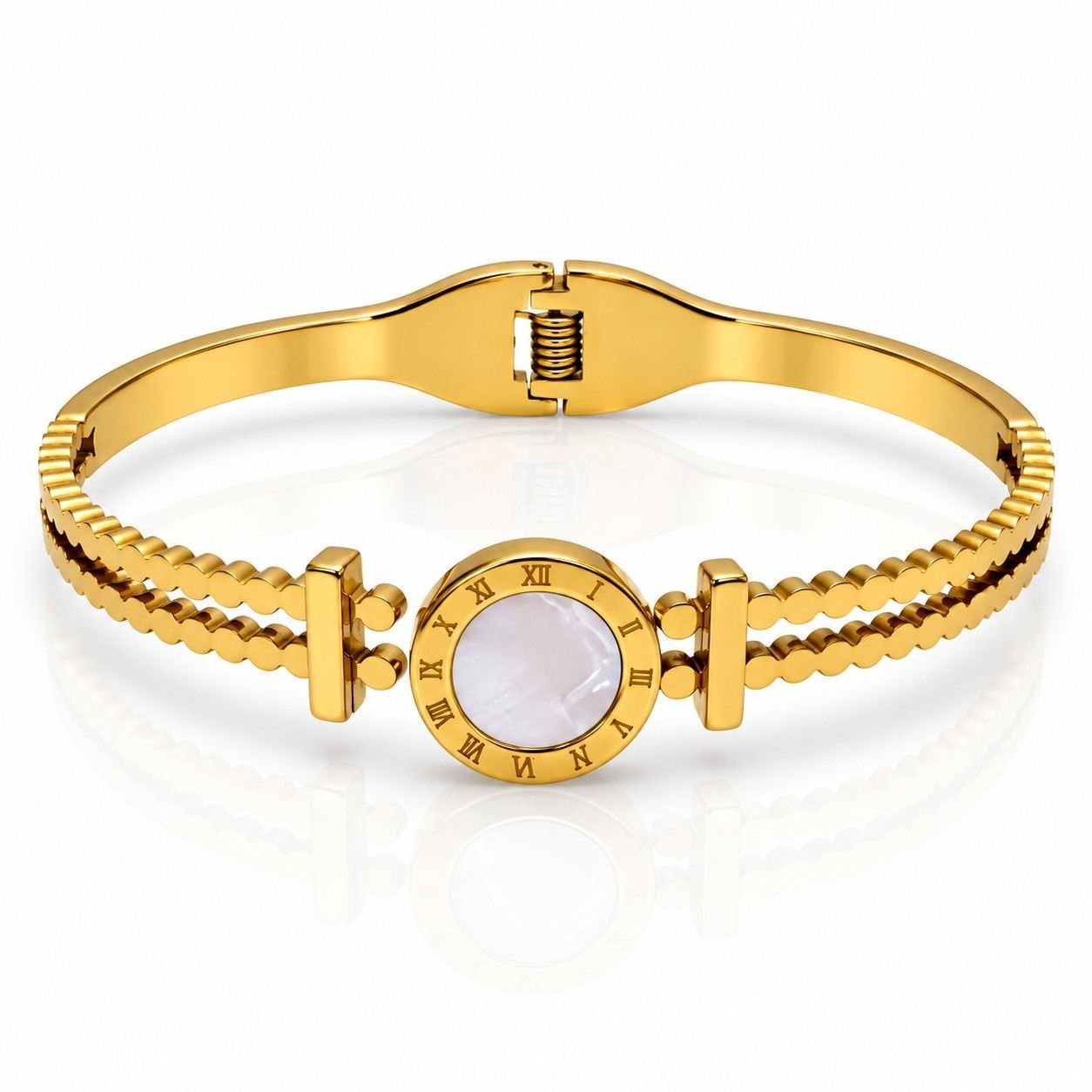 Elegant Roman numeral bangle with mother-of-pearl center detail.