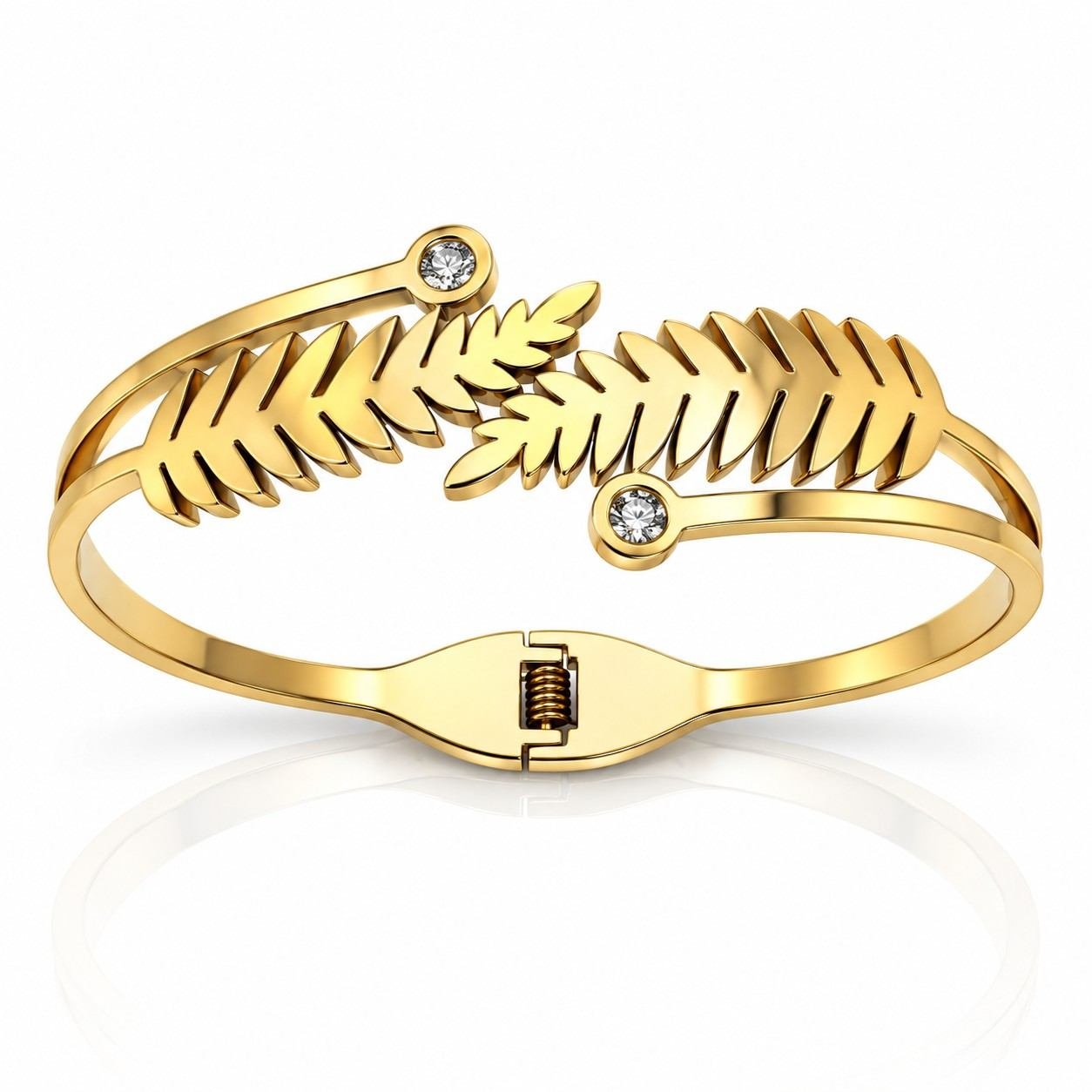Gold Fern leaf bracelet featuring crystal accents and open cuff design.
