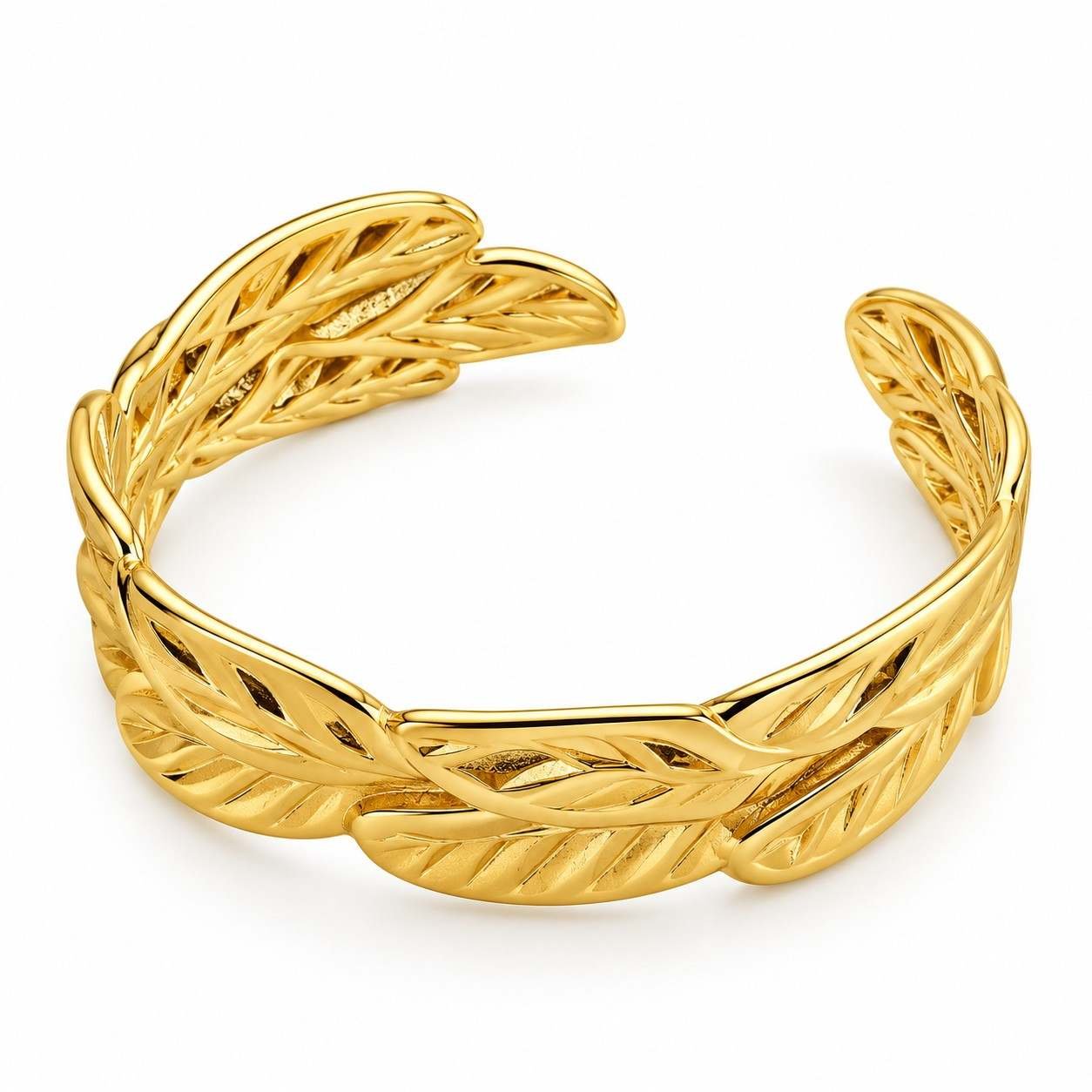 Aurelia leaf weave gold cuff bracelet featuring intricate botanical design.