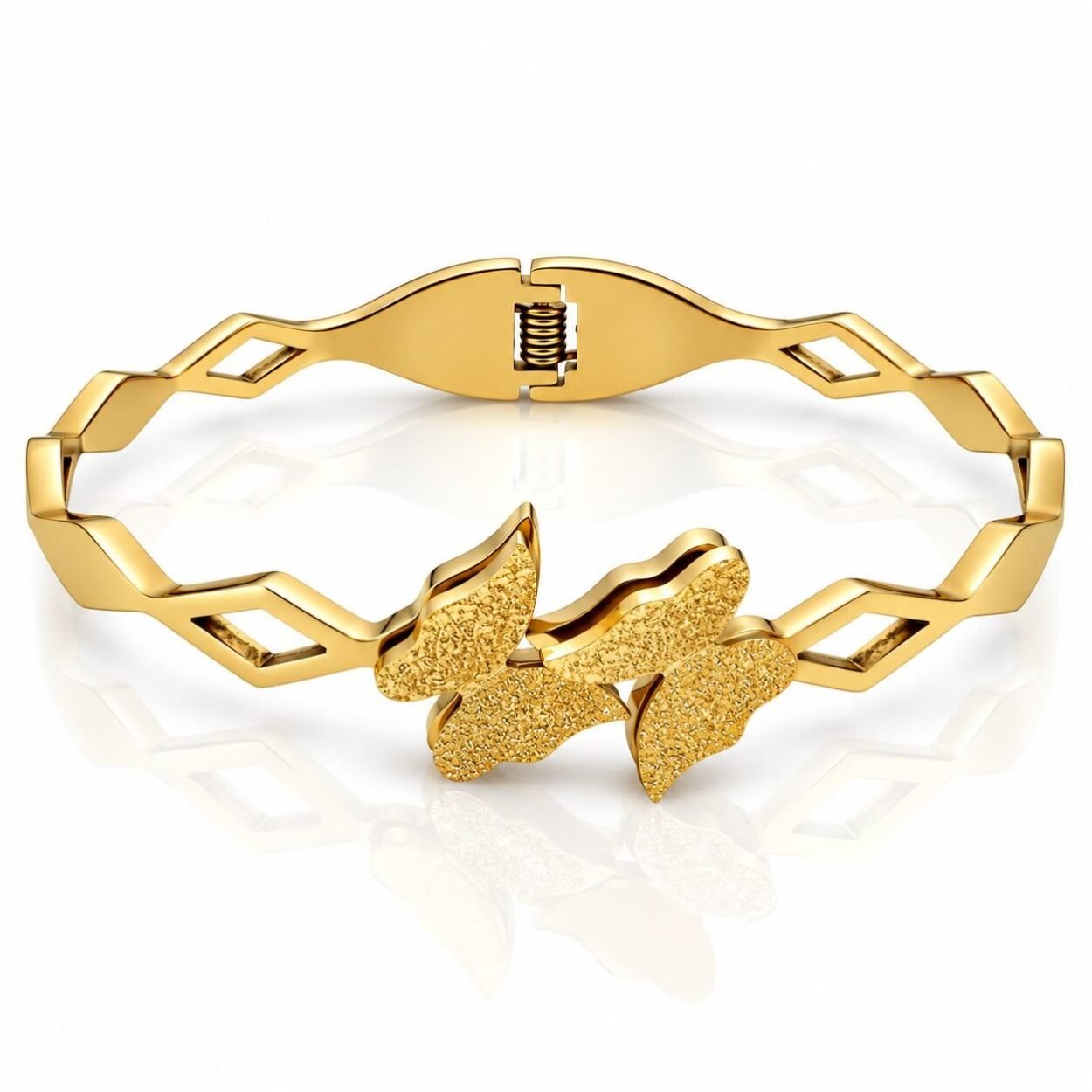 Butterfly Luxe Gold Plated Open Bangle Bracelet with textured butterfly design and geometric open band for women.