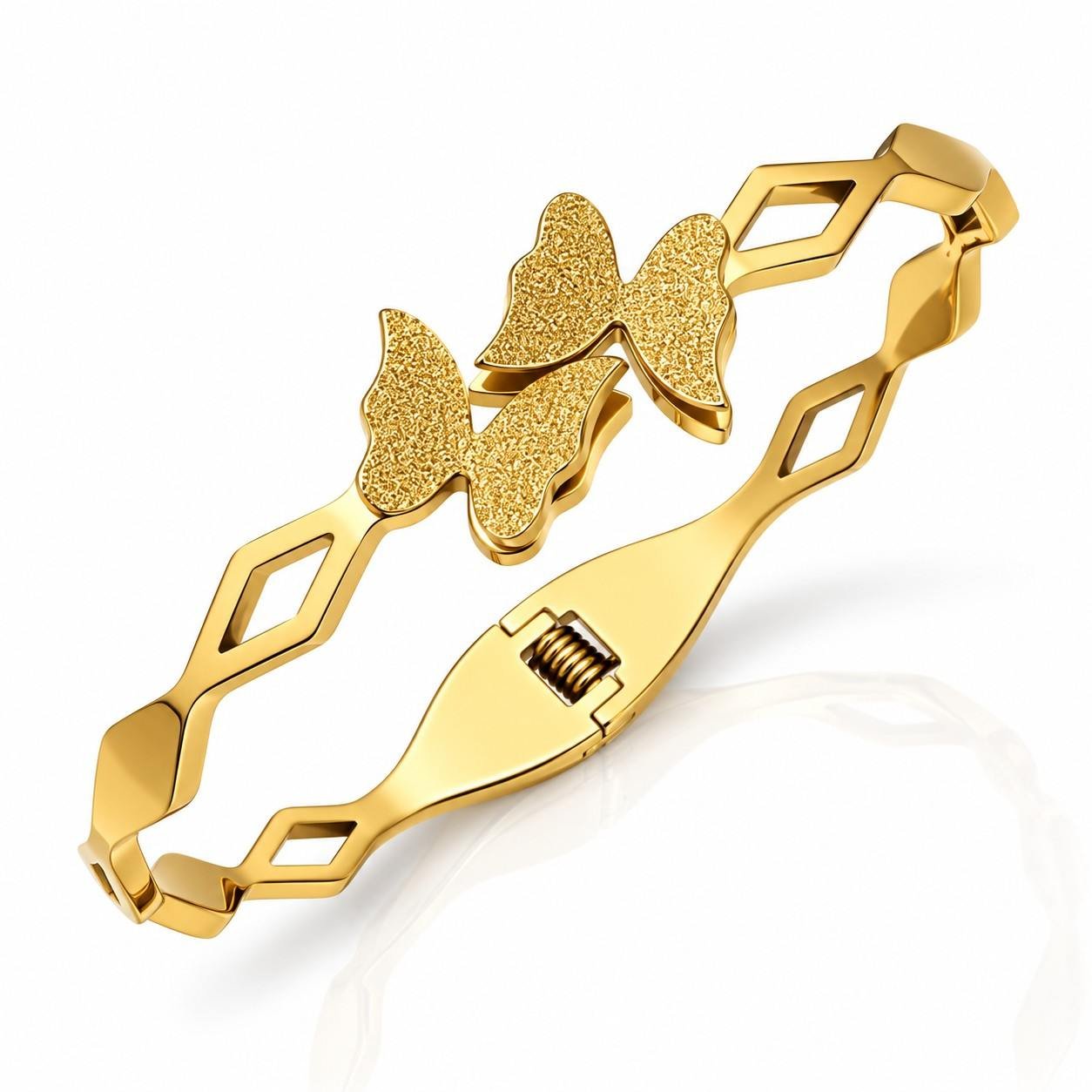 Butterfly Luxe Gold Plated Open Bangle Bracelet with textured butterfly design and geometric open band for women.