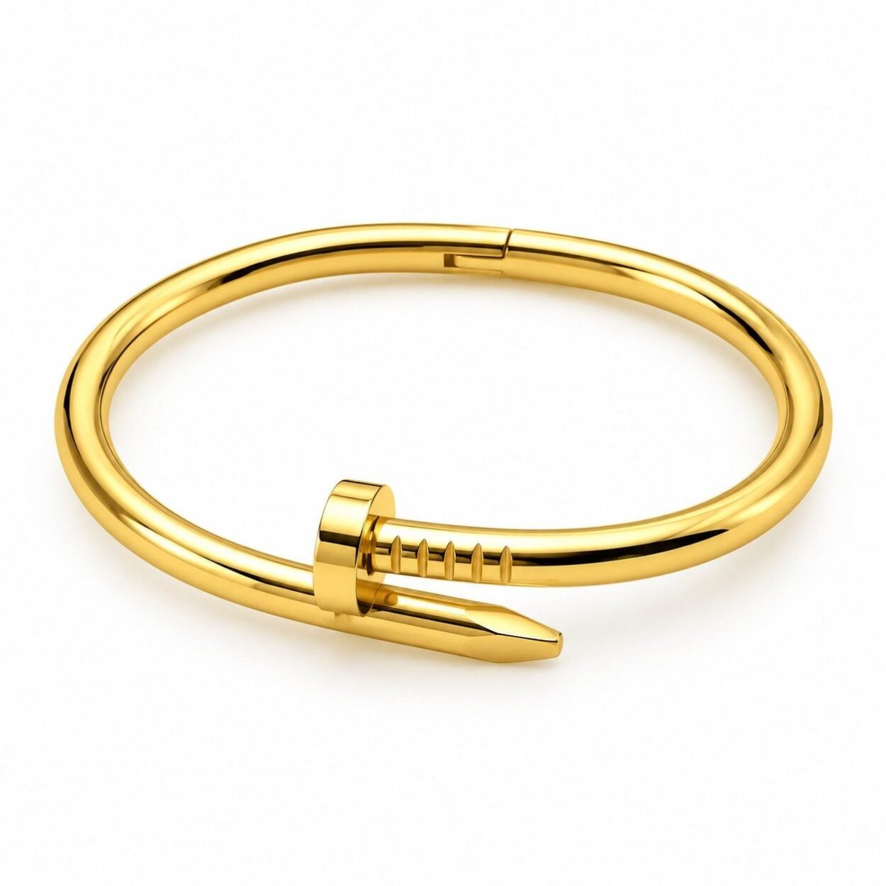 SHYNEL nail inspired gold bangle bracelet with polished finish for women on white background