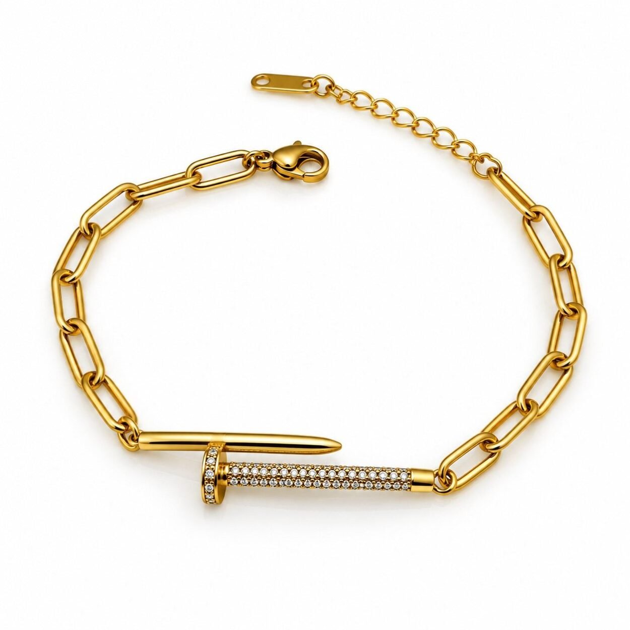 SHYNEL golden paperclip chain bracelet with pavé crystal nail centerpiece for women