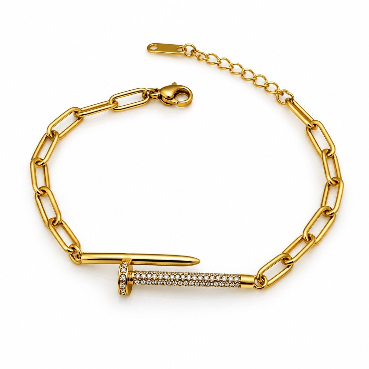 SHYNEL golden paperclip chain bracelet with pavé crystal nail centerpiece for women