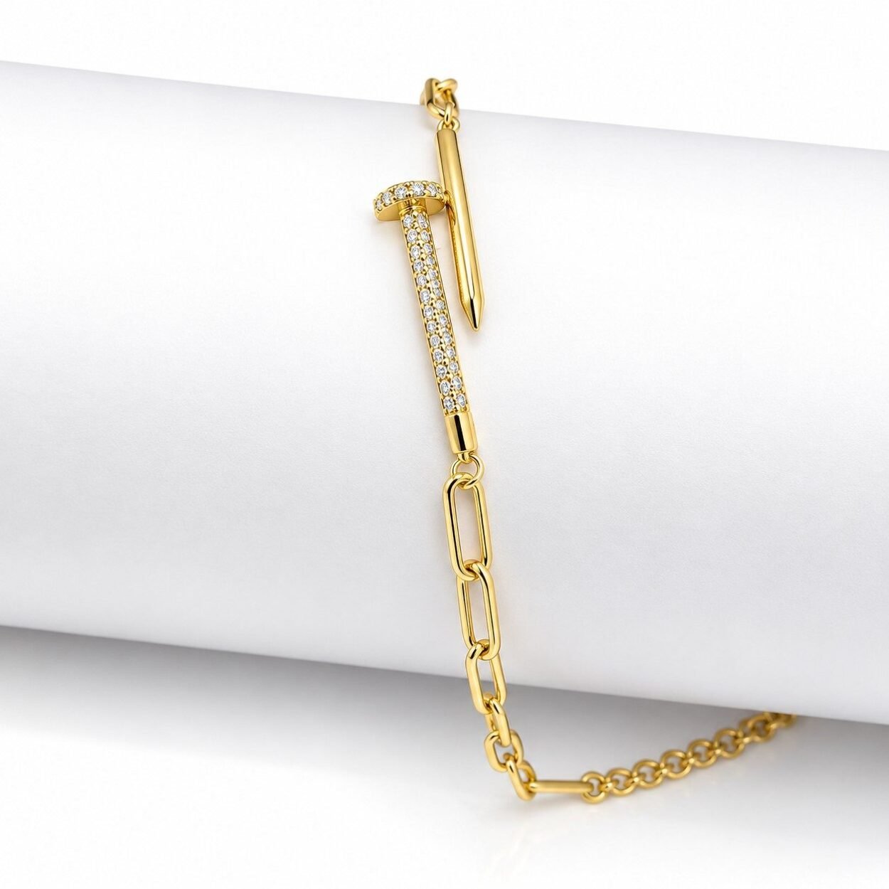 SHYNEL golden paperclip chain bracelet with pavé crystal nail centerpiece for women