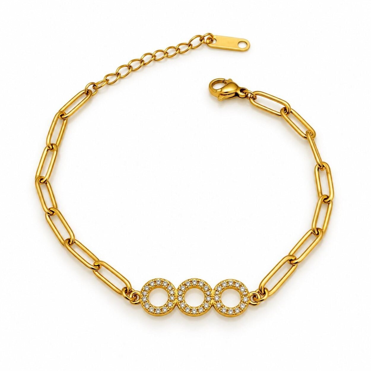 SHYNEL paperclip chain bracelet with triple pavé crystal ring centerpiece for women