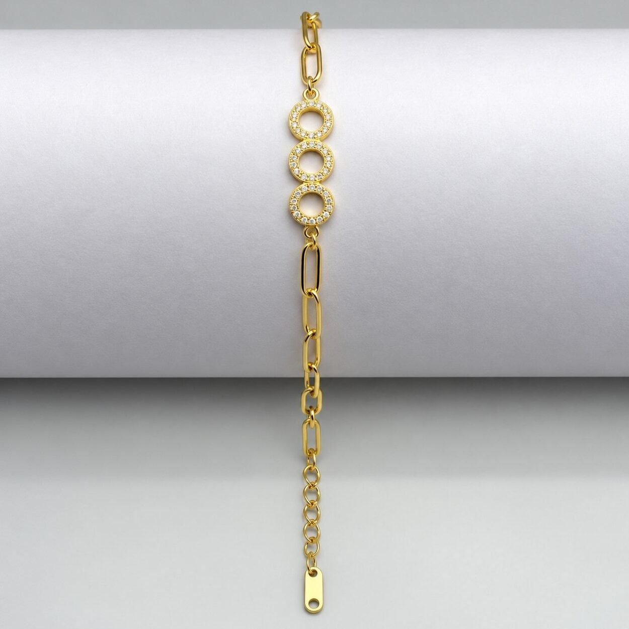 SHYNEL paperclip chain bracelet with triple pavé crystal ring centerpiece for women