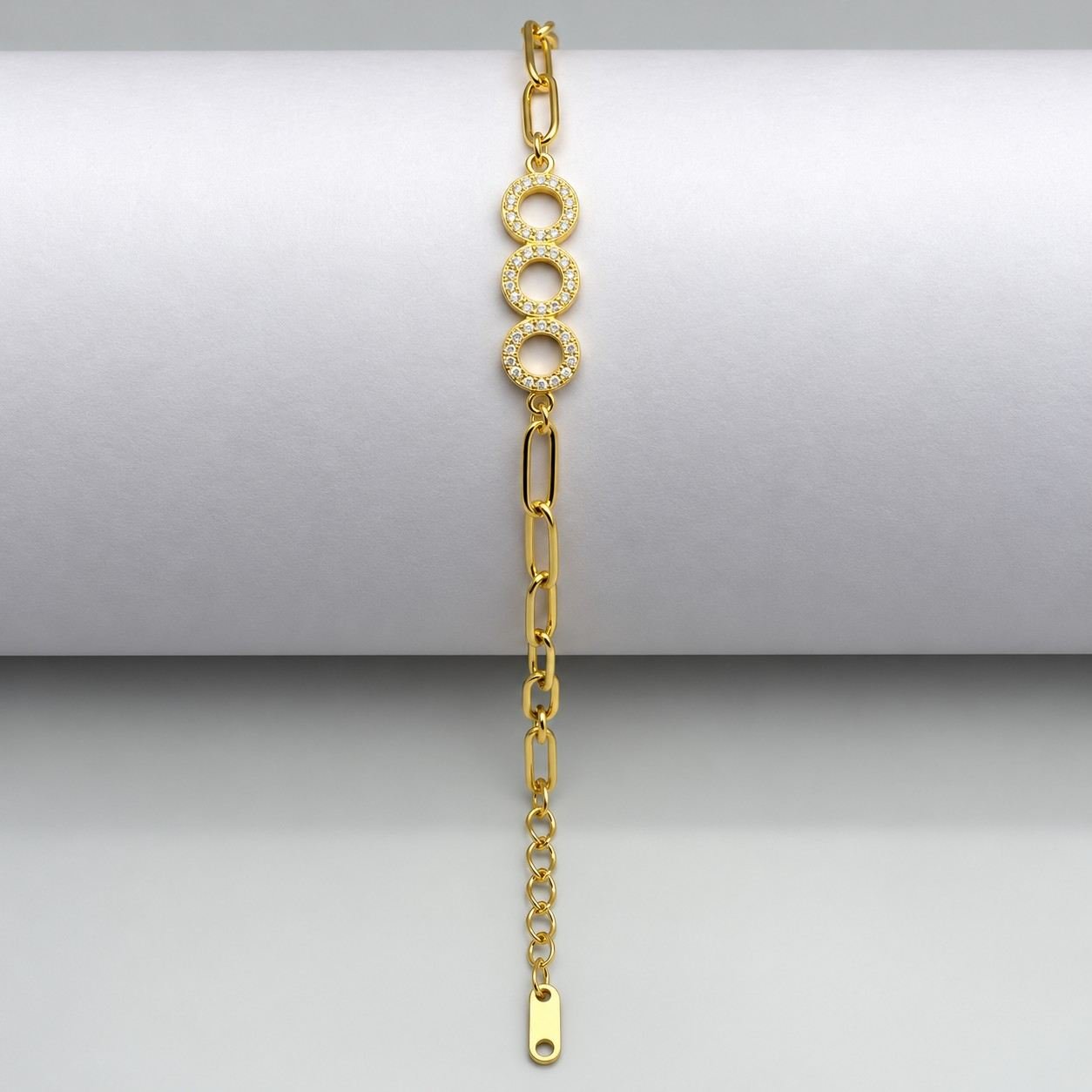 SHYNEL paperclip chain bracelet with triple pavé crystal ring centerpiece for women
