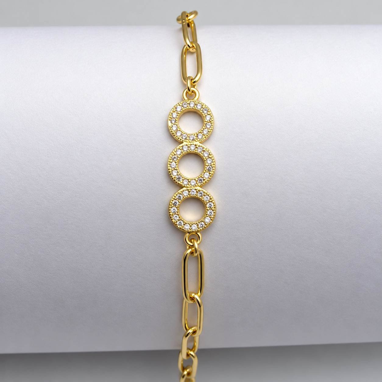 SHYNEL paperclip chain bracelet with triple pavé crystal ring centerpiece for women