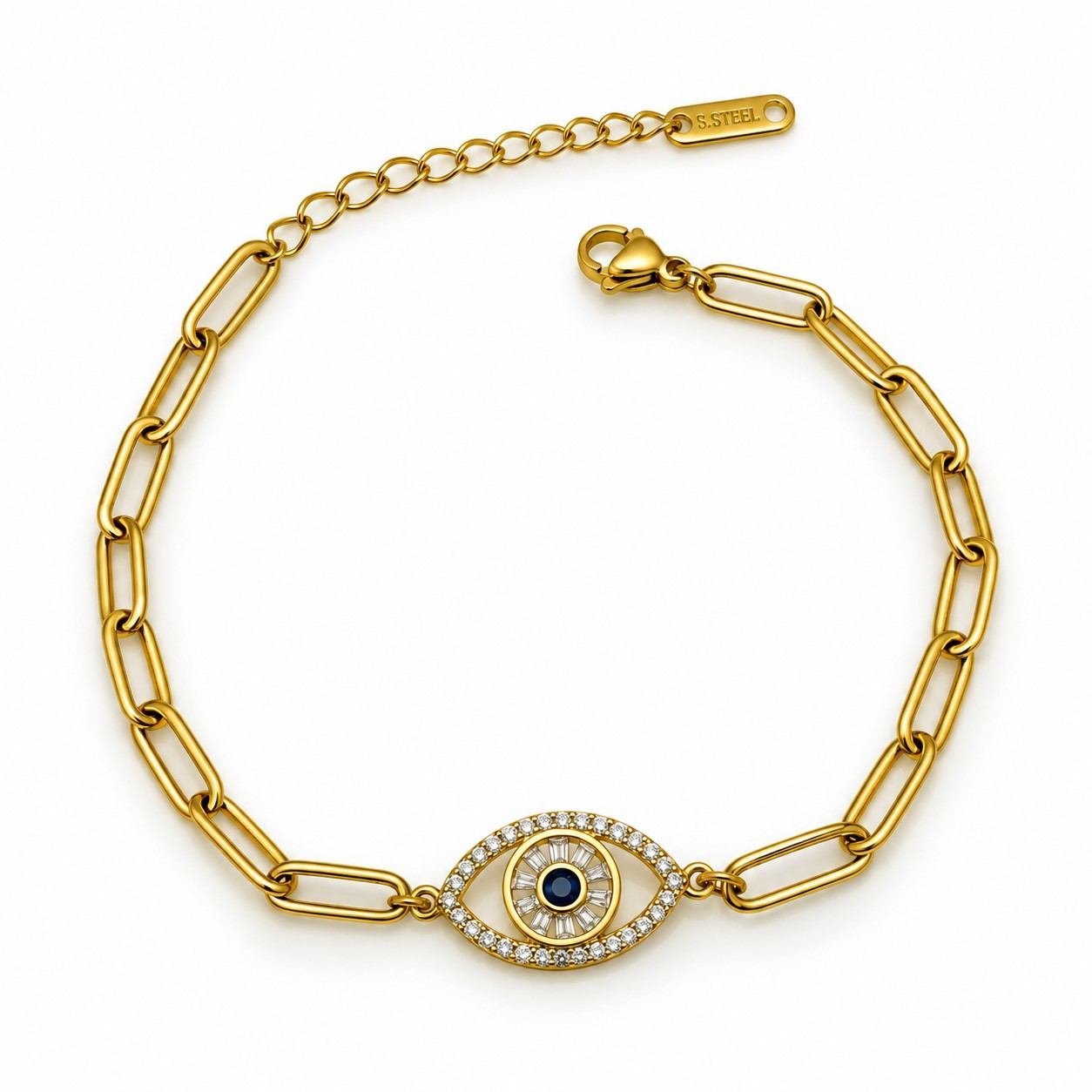 SHYNEL golden paperclip chain bracelet with crystal evil eye centerpiece for women