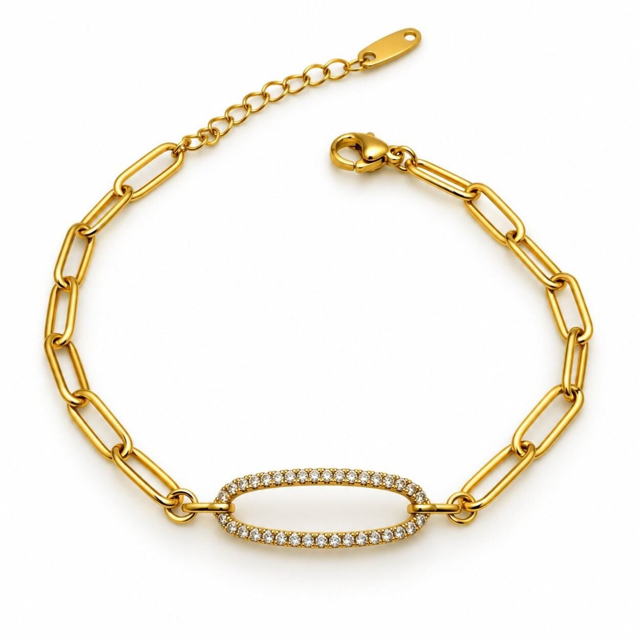 SHYNEL golden paperclip bracelet with oval pavé crystal centerpiece for women