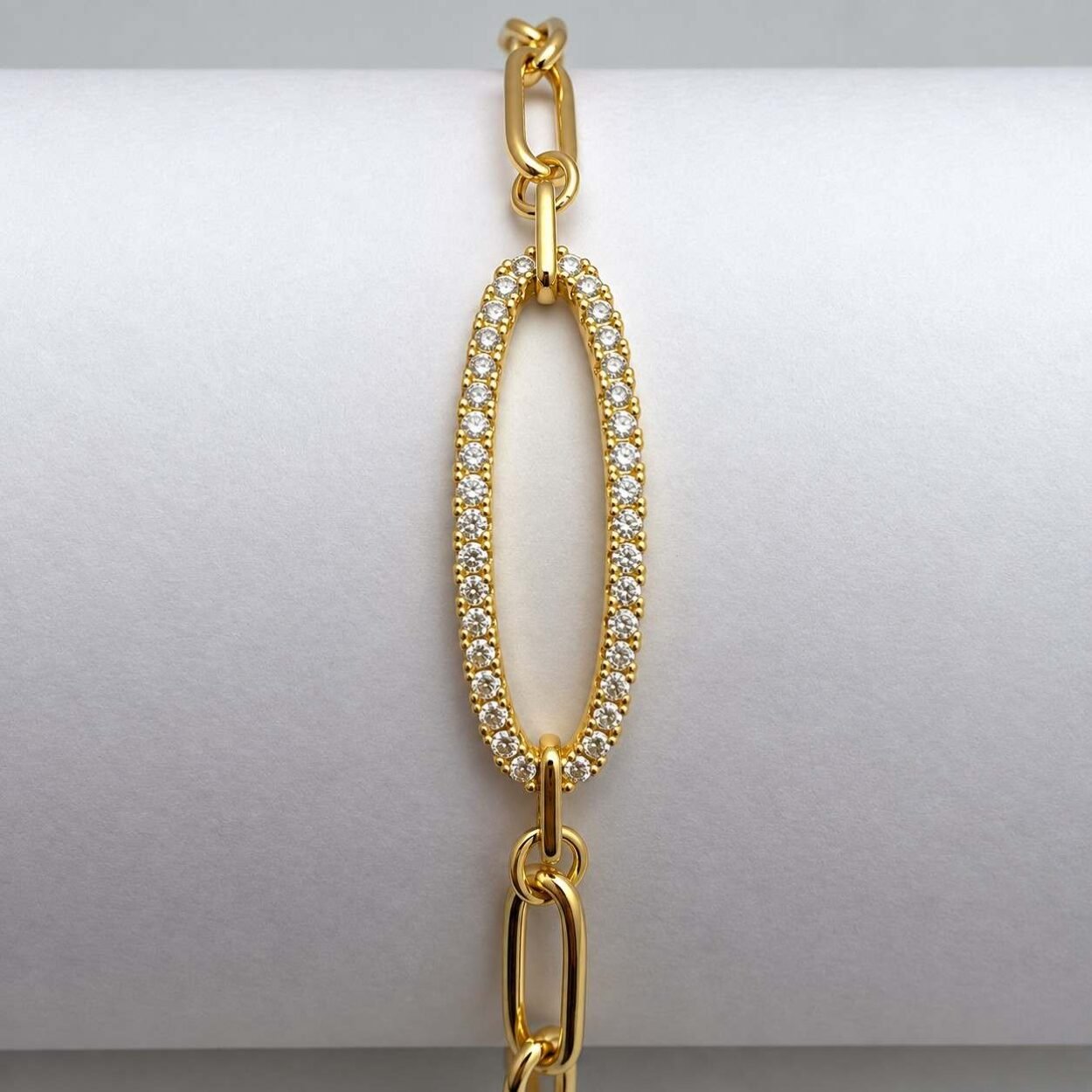 Pav Gold Paperclip Bracelet 3-100kb SHYNEL golden paperclip bracelet with oval pavé crystal centerpiece for women