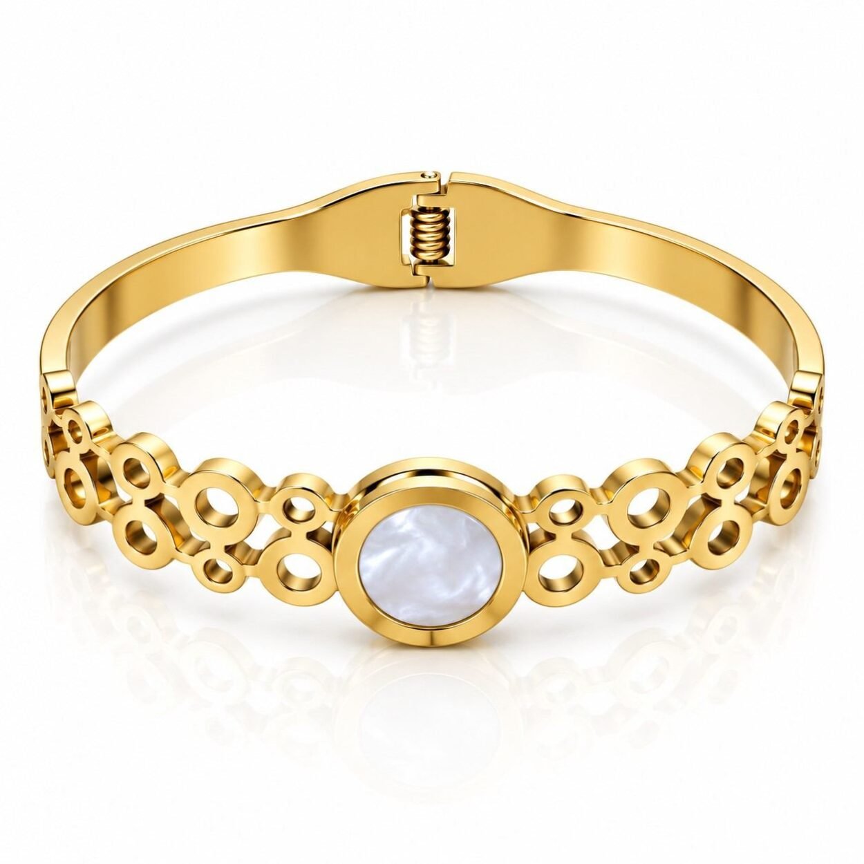 SHYNEL Roman numeral gold bangle bracelet with opalescent centerpiece for women