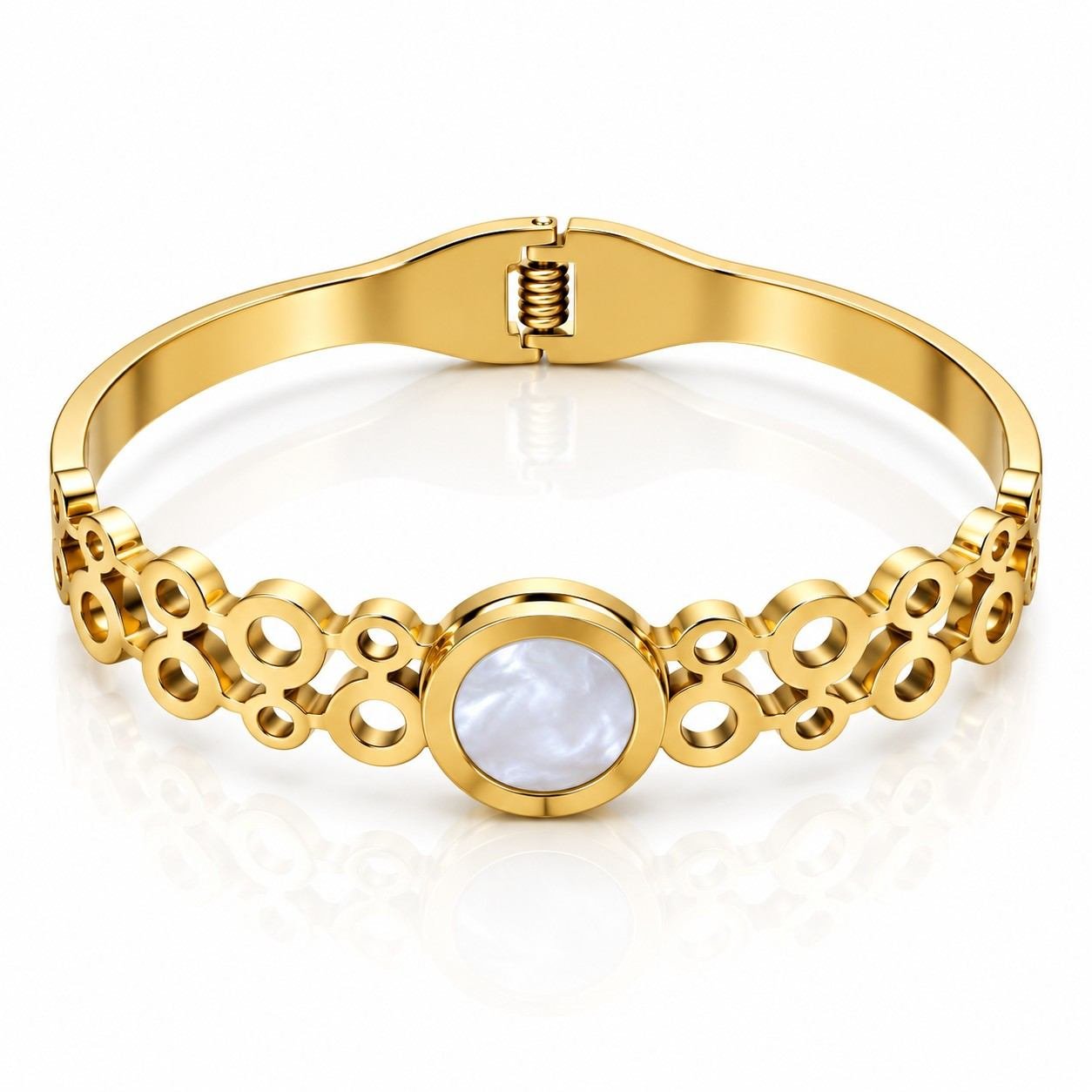 SHYNEL Roman numeral gold bangle bracelet with opalescent centerpiece for women