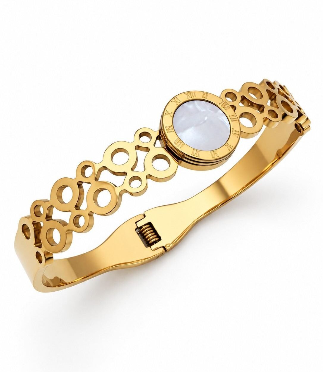 Roman Numeral Opalescent 2 SHYNEL Roman numeral gold bangle bracelet with opalescent centerpiece for women