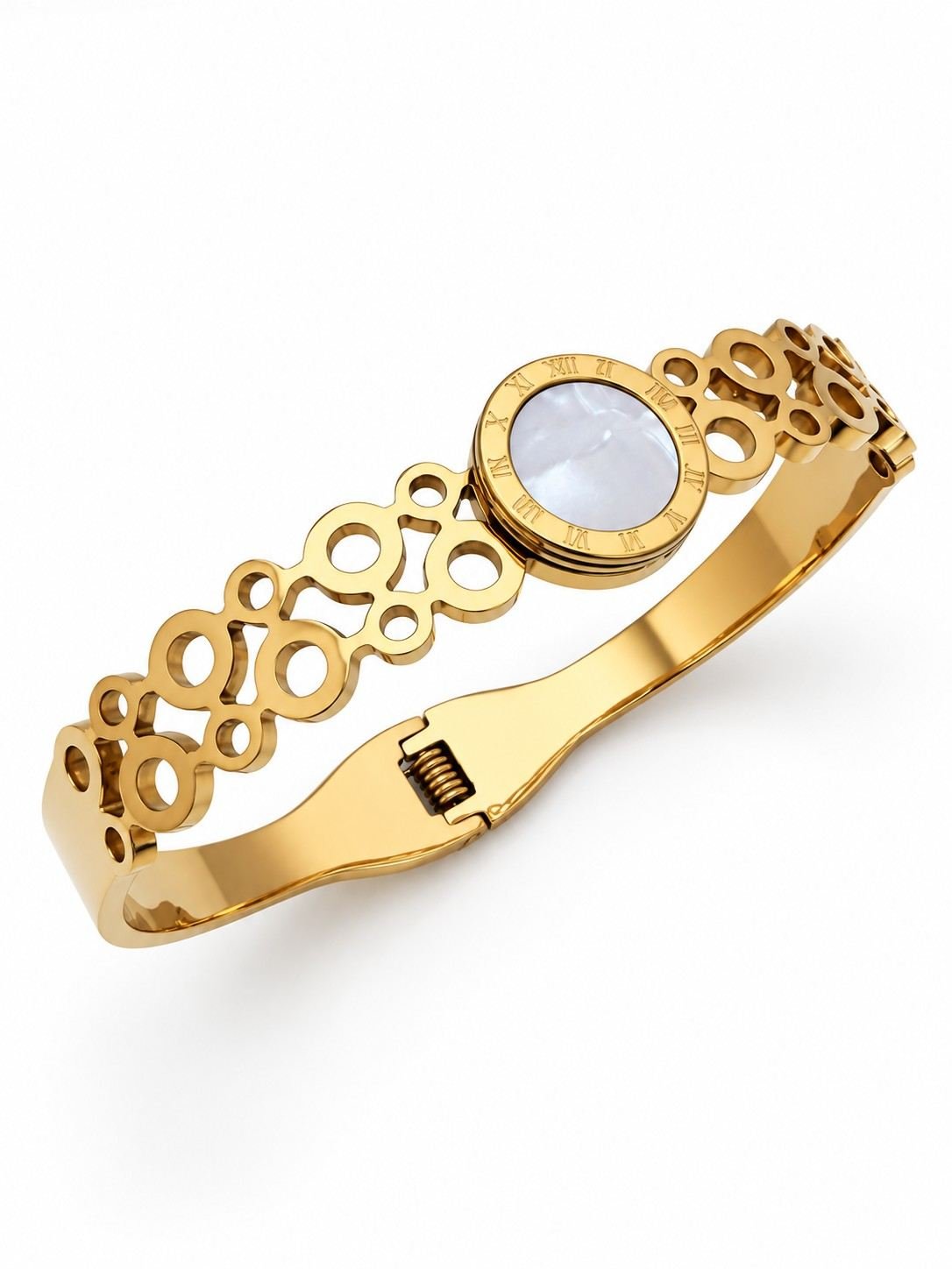 SHYNEL Roman numeral gold bangle bracelet with opalescent centerpiece for women