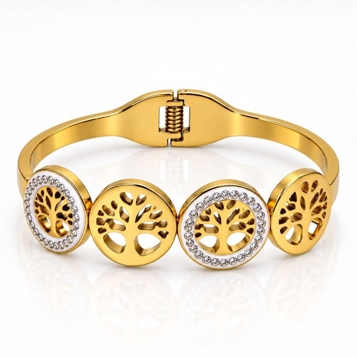 A sophisticated gold-tone hinged cuff bracelet featuring intricate Tree of Life motifs and sparkling crystal detailing. Perfect for everyday wear, gifting, and special occasions.