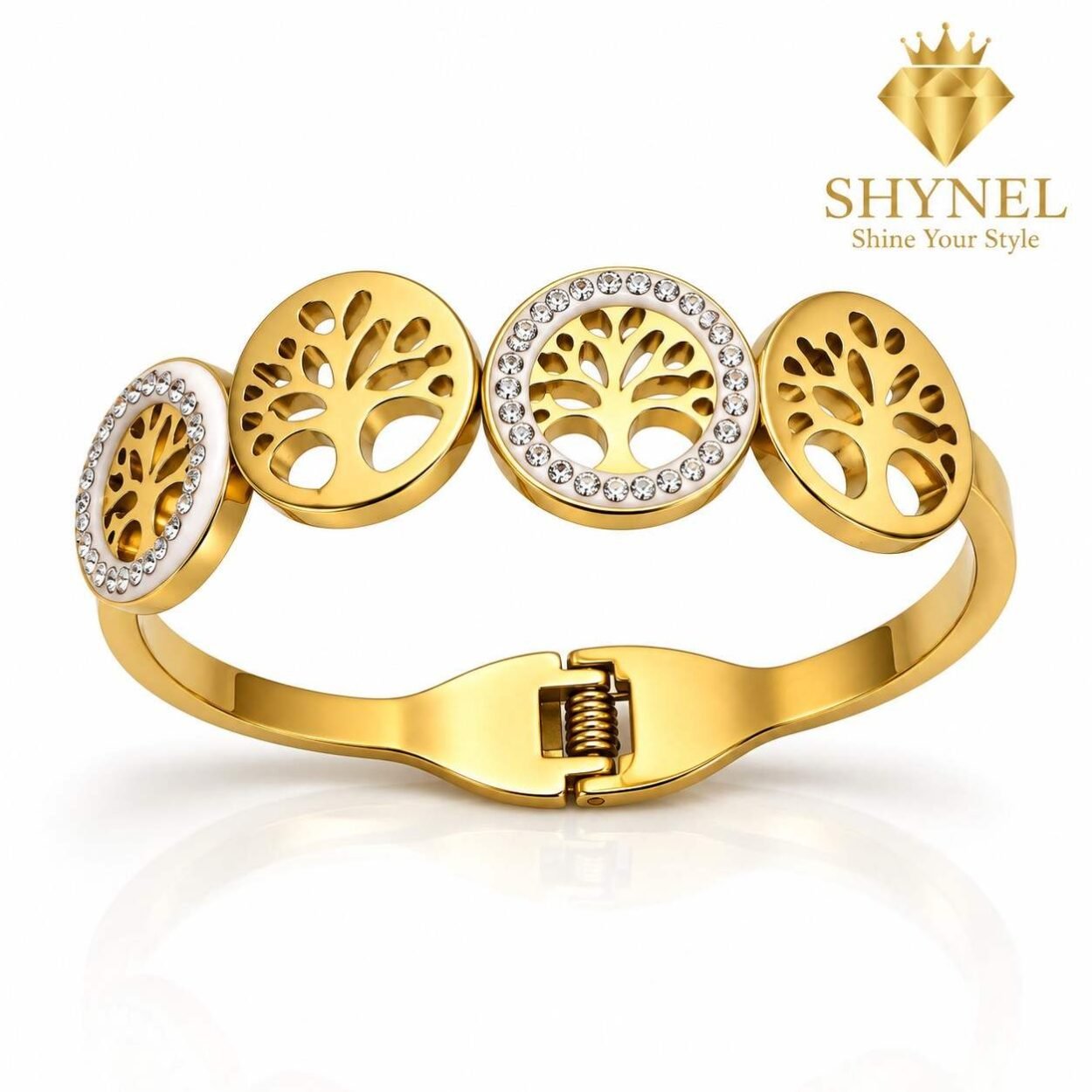 A sophisticated gold-tone hinged cuff bracelet featuring intricate Tree of Life motifs and sparkling crystal detailing. Perfect for everyday wear, gifting, and special occasions.