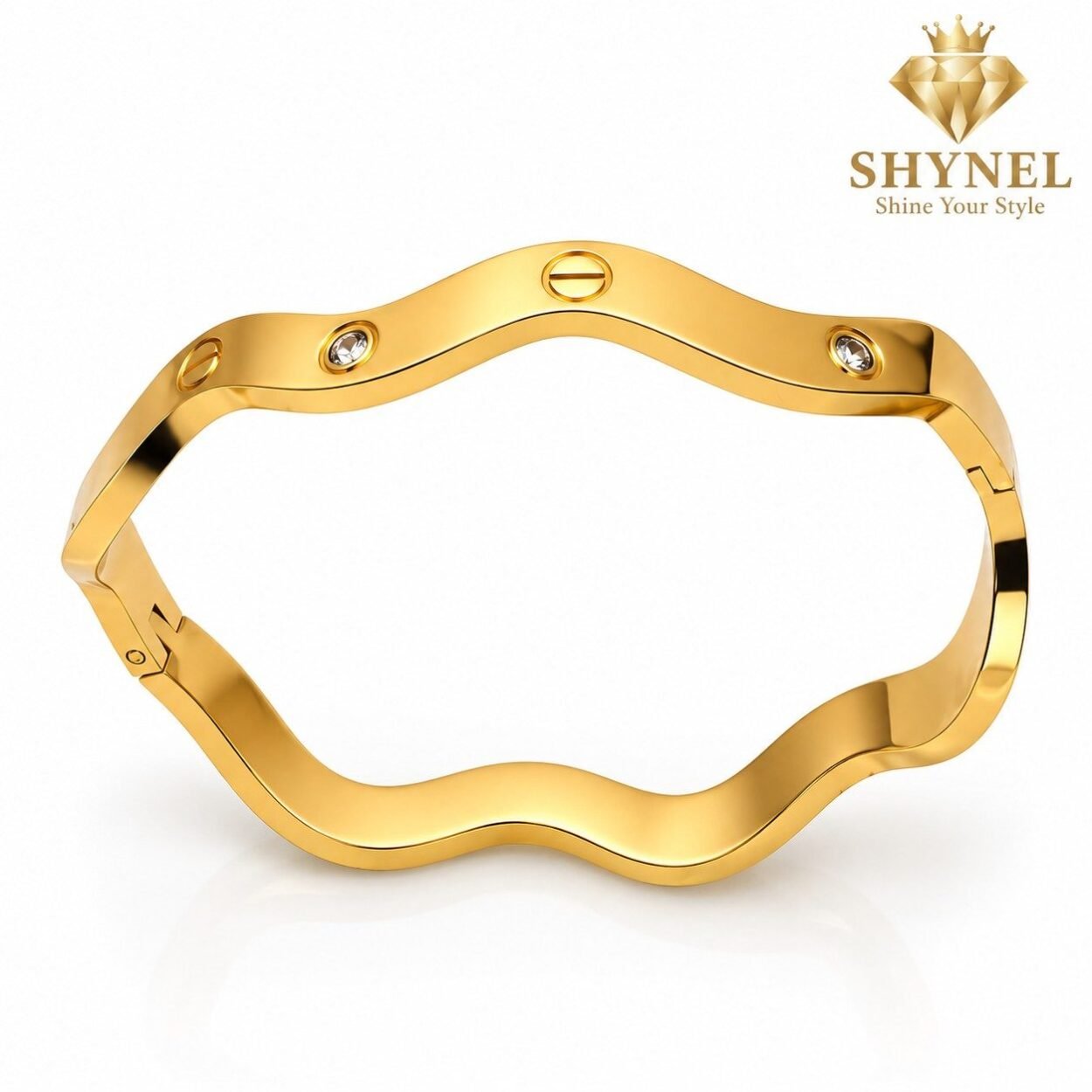 luxury Wavy Bangle-100kb SHYNEL luxury golden wavy screw motif bangle bracelet with crystal stone accents for women on white background