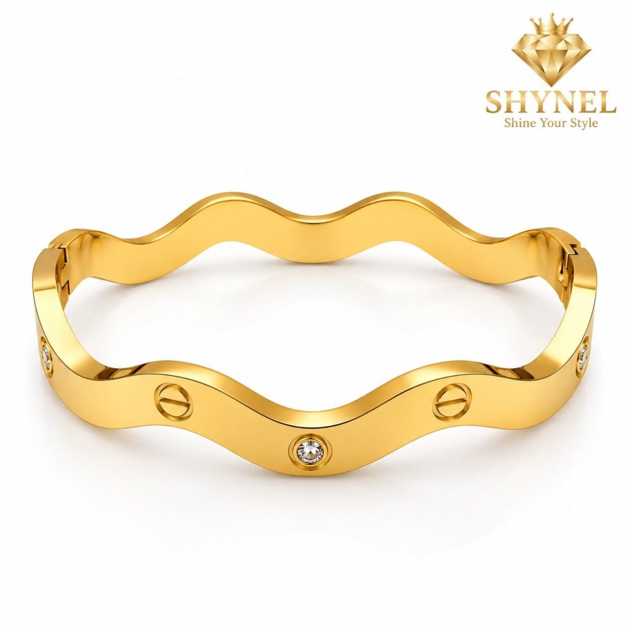 SHYNEL luxury golden wavy screw motif bangle bracelet with crystal stone accents for women on white background