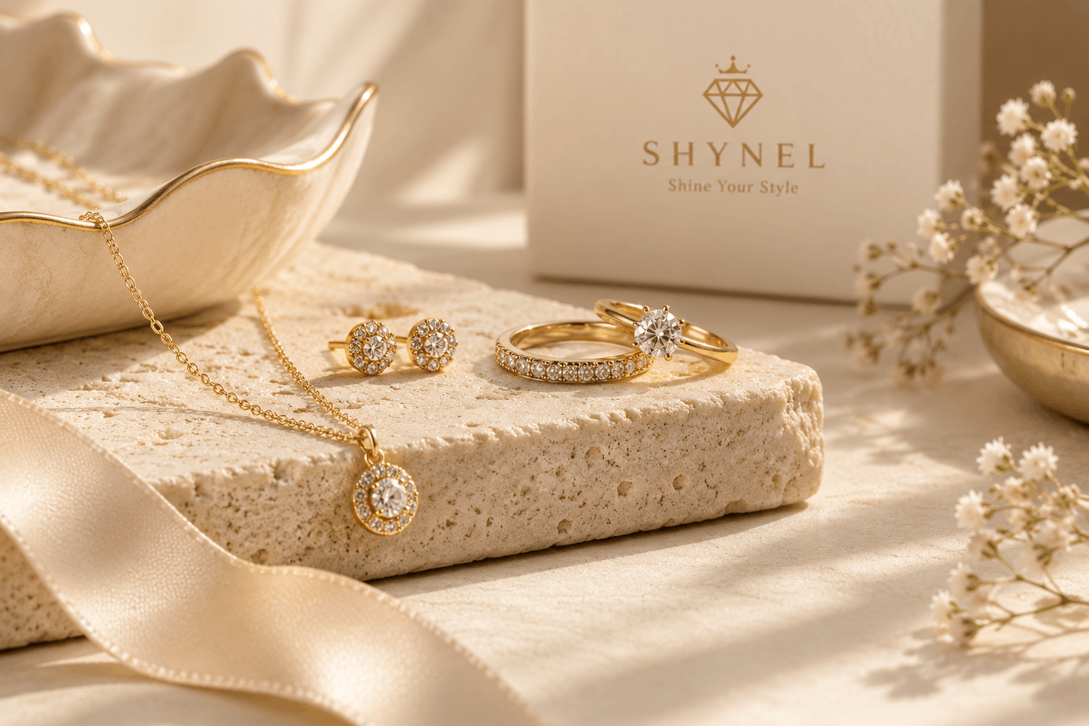 Elegant gold jewellery collection featuring rings, earrings and pendant necklace displayed on a luxury beige stone surface for SHYNEL fashion jewellery.