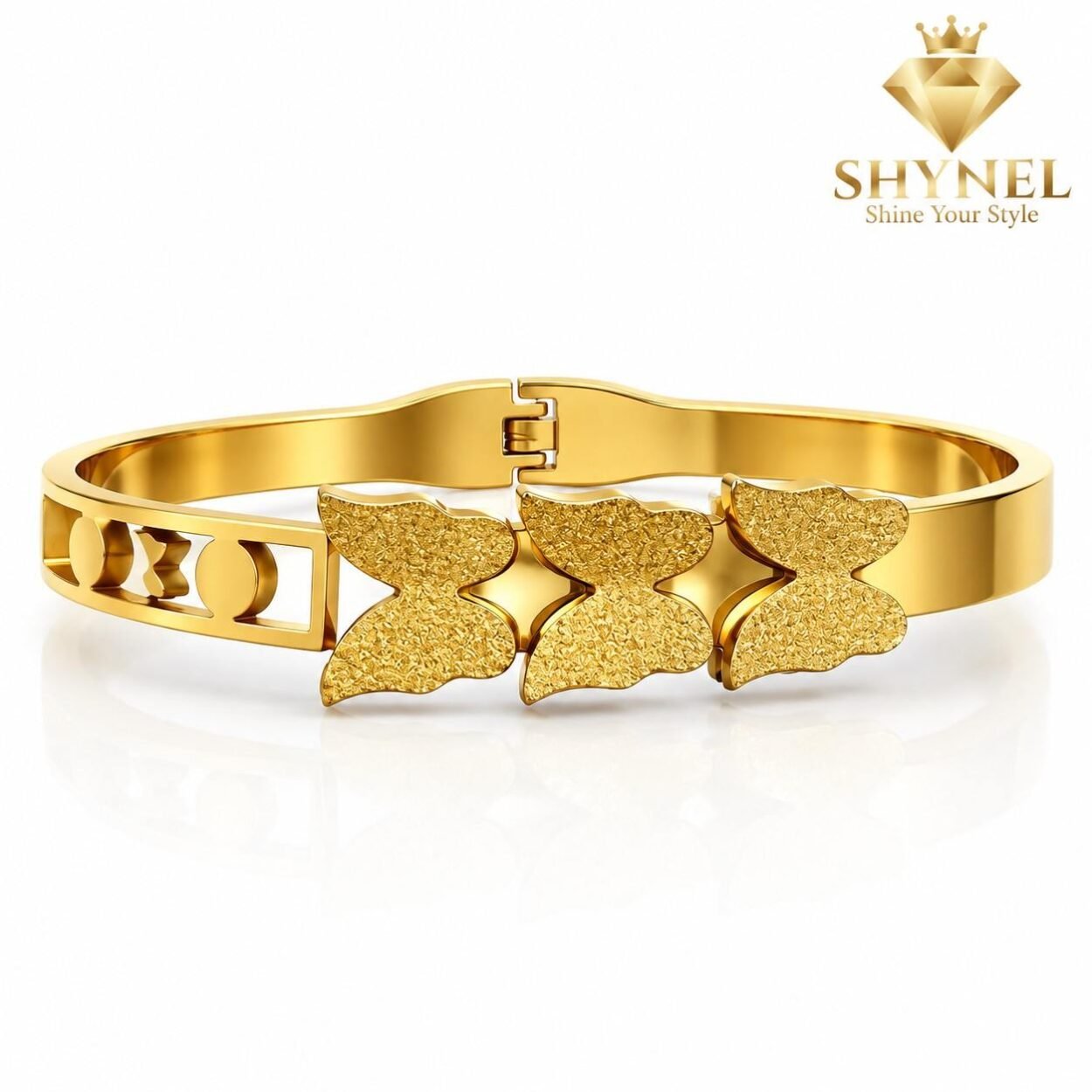 This stylish gold-tone bangle showcases three butterfly-inspired accents with textured detailing, making it a statement accessory for modern women.