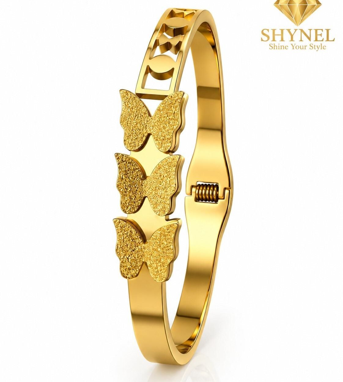 This stylish gold-tone bangle showcases three butterfly-inspired accents with textured detailing, making it a statement accessory for modern women.
